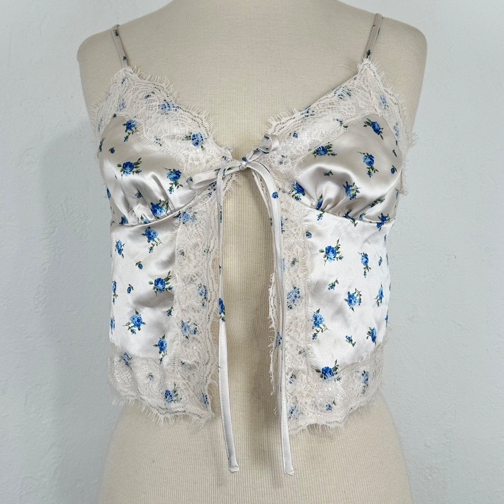 Womens Babydoll Coquette Satin Tie Front Cami Sz Medium Floral Print Bow Lace